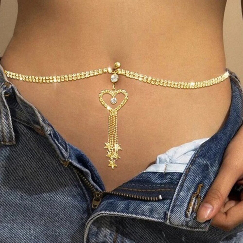 Navel Gold Crystal Heart W/ Stars Waist Body Chain ~ NBC-6004